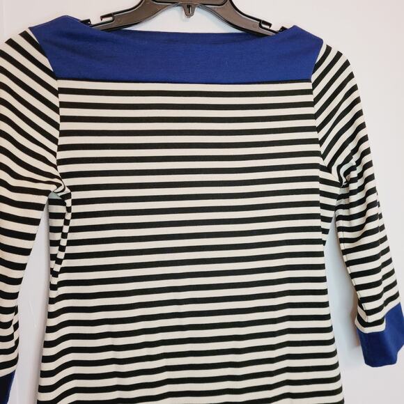 Isaac Mizrahi boat neck navy blue and white striped career midi dress size med - Picture 4 of 6